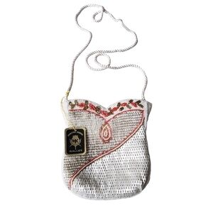 NWT Vintage Evening Mini Handbag Beads Pearls Floral Trim Made in Hong Kong